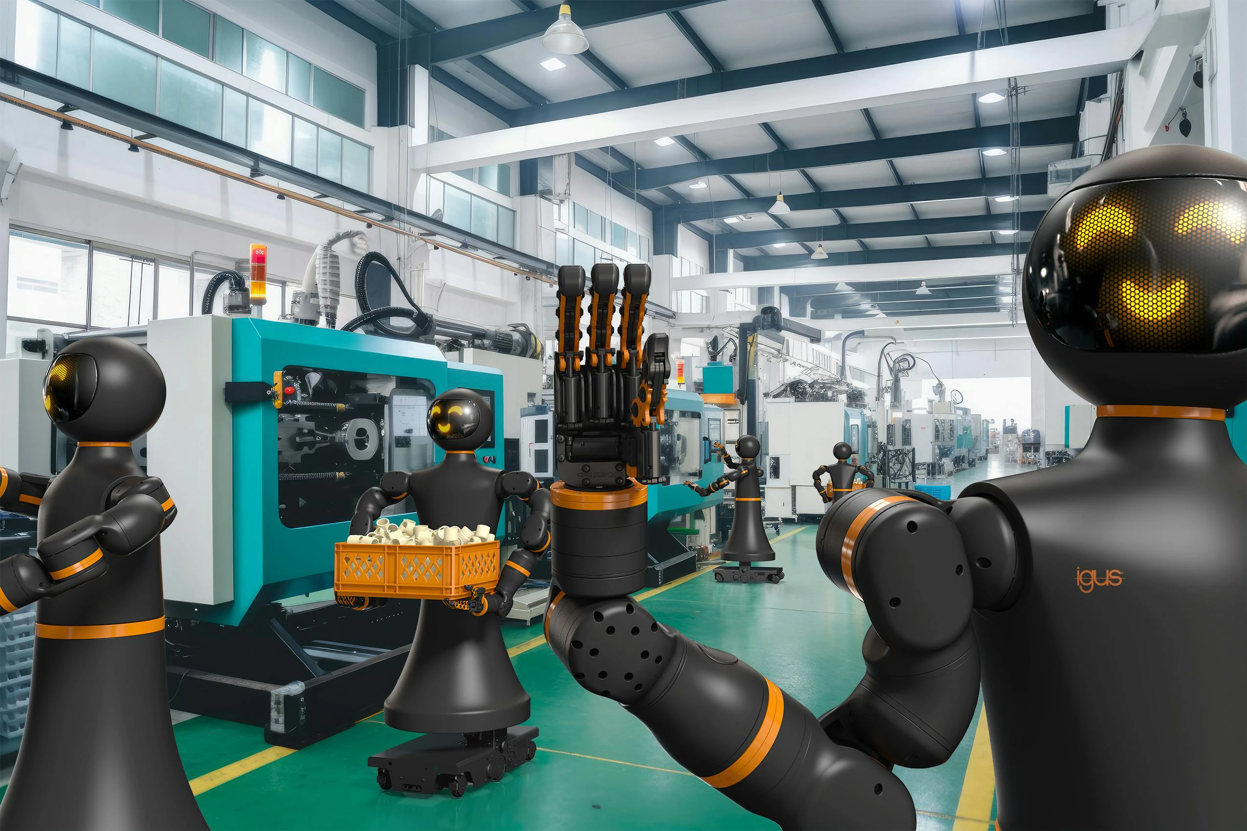 Iggy Rob is a wheeled humanoid model for straightforward automation applications, was developed to incorporate many igus (polymer) motion components.