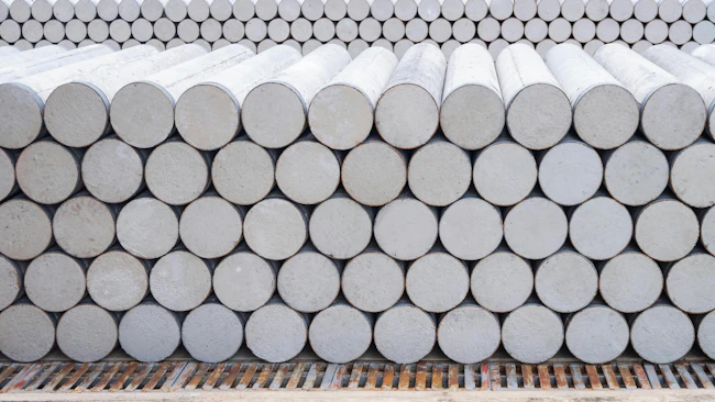 Pile of many precast spun micropiles construction material stacked on the floor in industry yard area for building foundation work. Concrete cylinder micropile background.