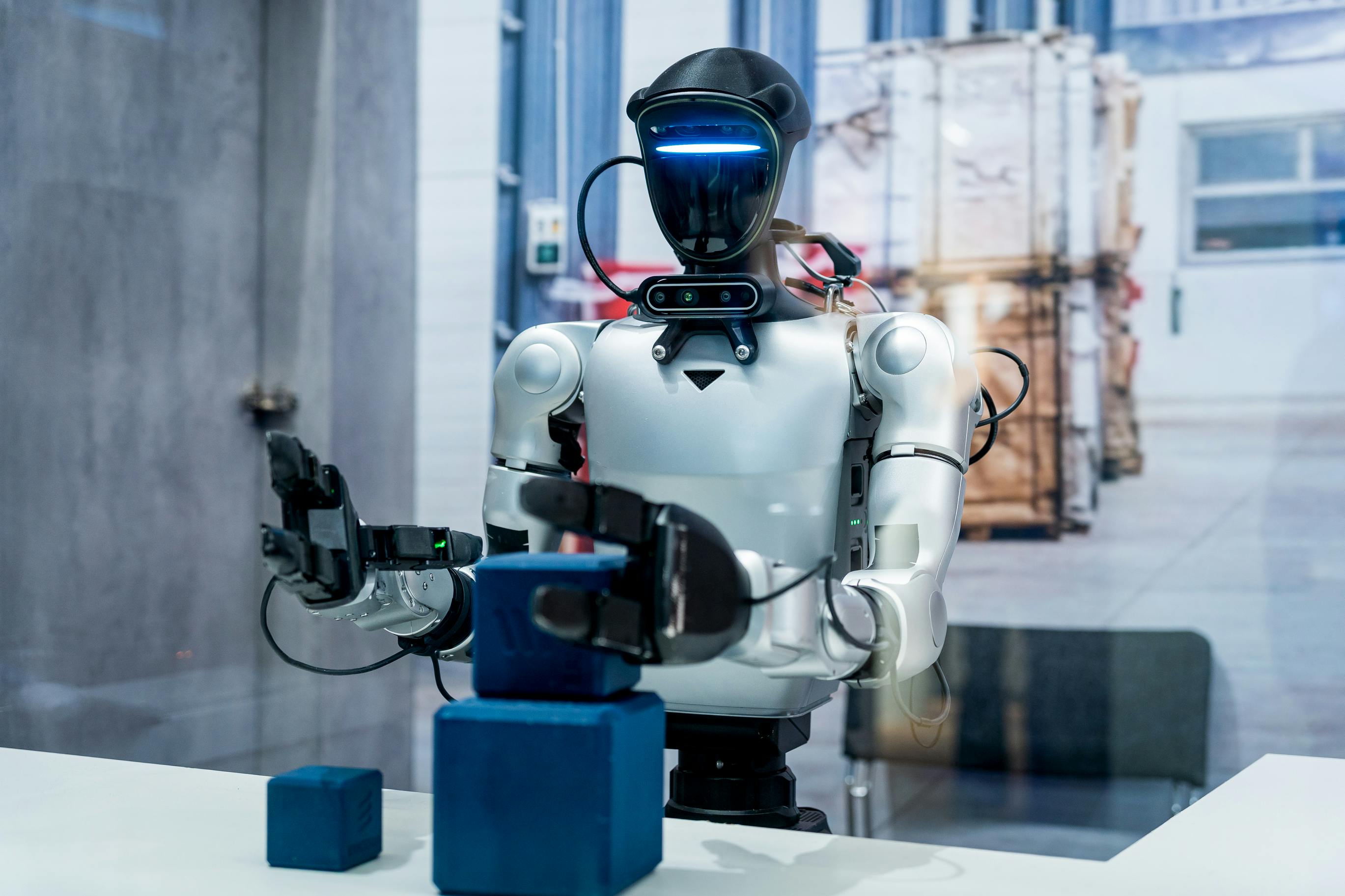 Humanoid robot in an industrial setting.