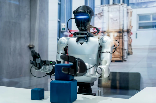 Humanoid robot in an industrial setting.