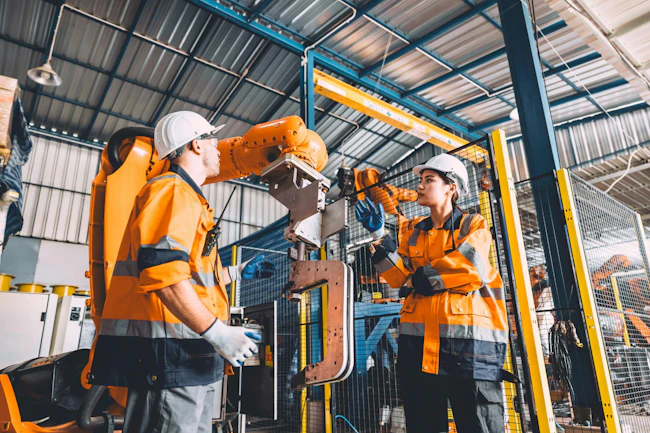 Workers and robot working side-by-side.