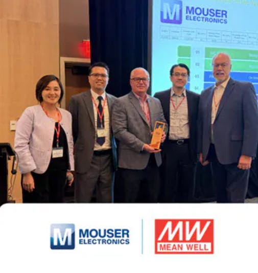 Representatives from MEAN WELL present the Mouser team with the 2025 North American Distributor of the Year Award