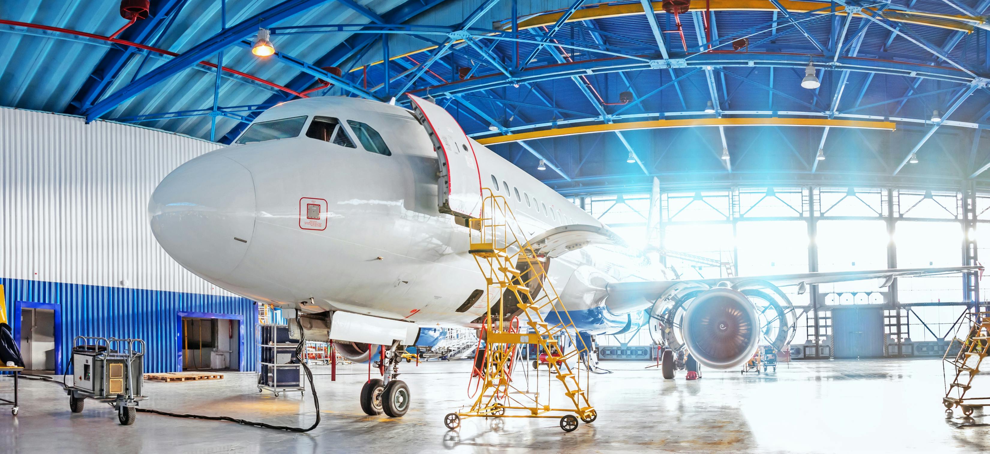 Panoramic view of aerospace hangar