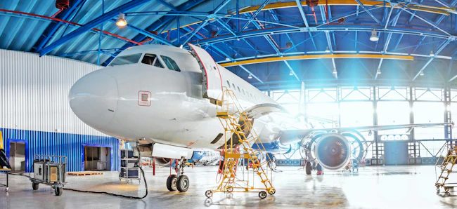 Panoramic view of aerospace hangar